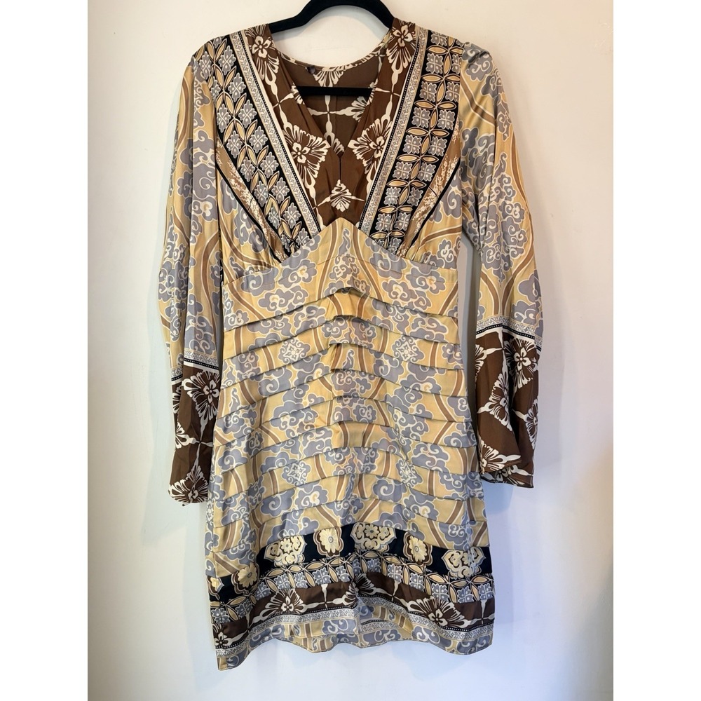 Hale Bob Silk Boho Patchwork Mini Dress Ruched Waist‎ Y2K Retro Gold Size M